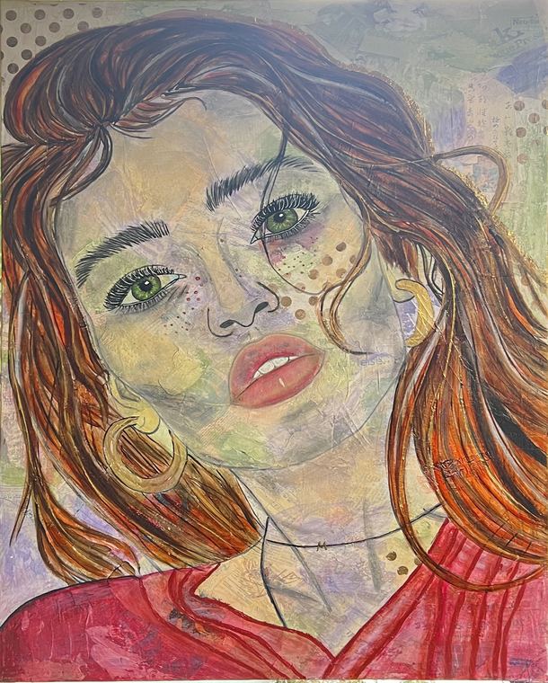Gemaltes Portrait einer Frau mit wehendem rotbraunem Haar in warmen Rot- und Orangetönen