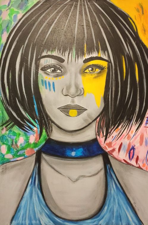 Gemaltes Portrait einer Frau mit Bob, zur Hälfte in ruhigen, zur Hälfte in kräftigen Farben